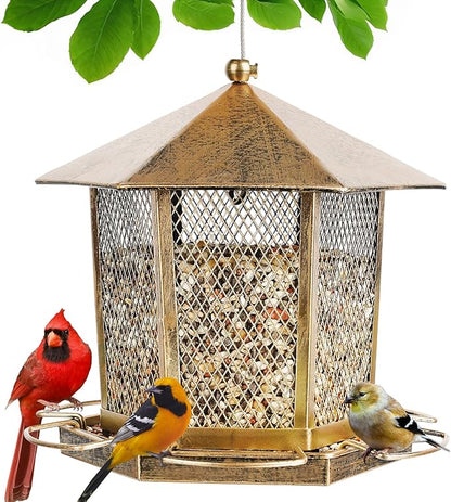 Hexagonal Gazebo Bird Feeders, Metal Hanging Wild Finch Bird Feeder, Outdoor Weatherproof Birdfeeder for Garden Patio Backyard Lawn Decor