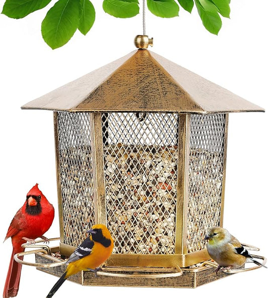 Hexagonal Gazebo Bird Feeders, Metal Hanging Wild Finch Bird Feeder, Outdoor Weatherproof Birdfeeder for Garden Patio Backyard Lawn Decor