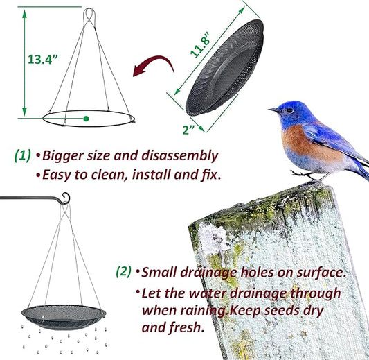 CQAIRIOU Upgraded Hanging Bird Feeder Tray,11.8” Stainless Steel Large Platform Metal Mesh Seed Tray for Backyard Garden Attracting Outside Wild Birds