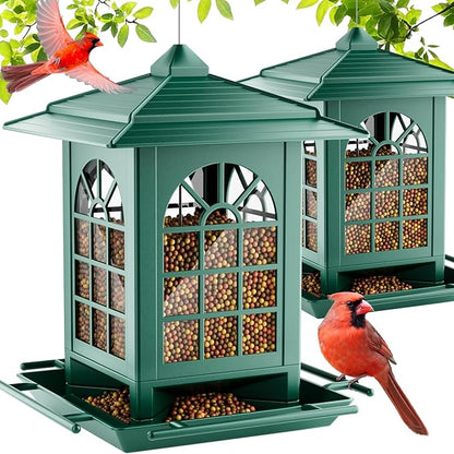 Birdream 2 Pack Bird Feeders for Outdoor Hanging, Assembly Required, 1-Min Easy Setup, Classic Courtyard Design, Attracting Cardinals Chickadees Goldfinches & Sparrows - Green