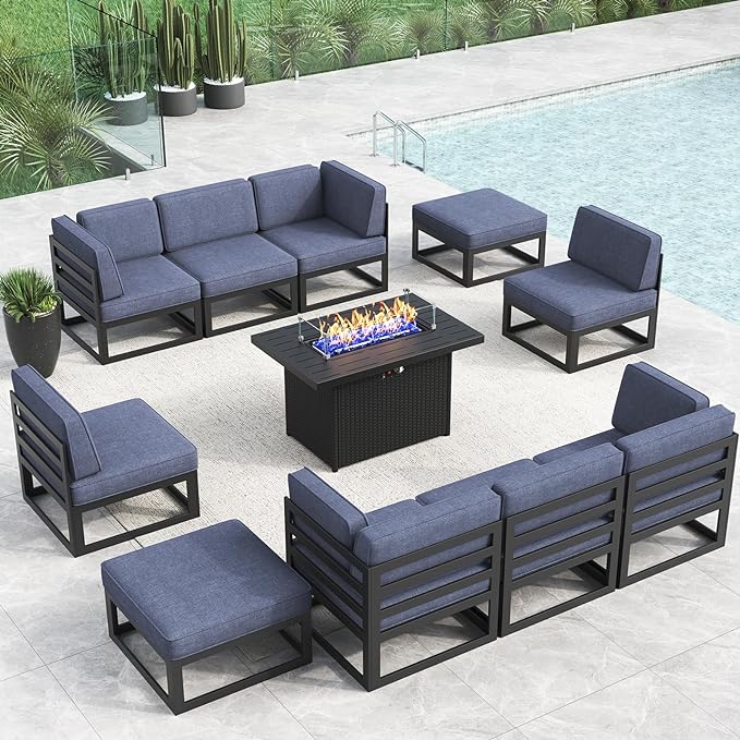 LayinSun Large Aluminum Patio Furniture Set with Fire Pit Table, 11 Pieces Modern Outdoor Conversation Set Sectional Metal Sofa Set with Olefin Cushion