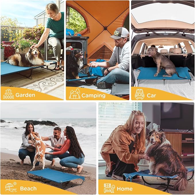 Folding Raised Dog Cot, Large Outdoor Elevated Dog Bed, Cooling Chew Proof Pet Cots Bed, Portable, Heavy Duty Up to 160 lbs, Pet Cot for Camping, Home, Dark Blue, 43"x27"x7"
