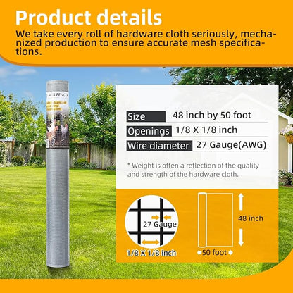 48in x 50ft Hardware Cloth 1/8 inch 27Ga Hot Dipped Galvanized After Welding, Chicken Coop Wire Fence, Welded Metal Fencing Roll Mesh for Bee Screen Garden Plant Poultry Animal Netting Cage