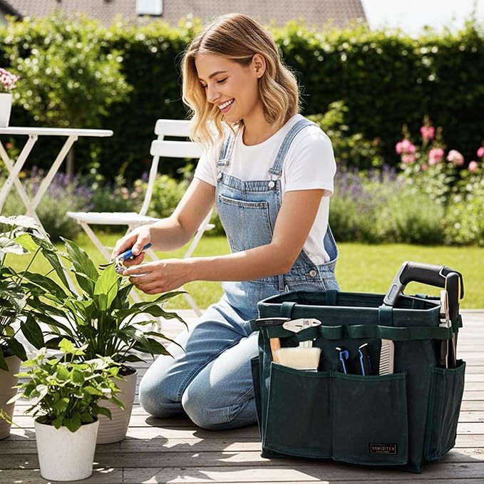 Collapsible Waxed Canvas Tool Pouch with 23 Hanging Holes - Reusable Grocery Bags with Handles for Garden/Camping/Tools/Car Trunk Storage, 14" x 13" x 10" | Dark Green