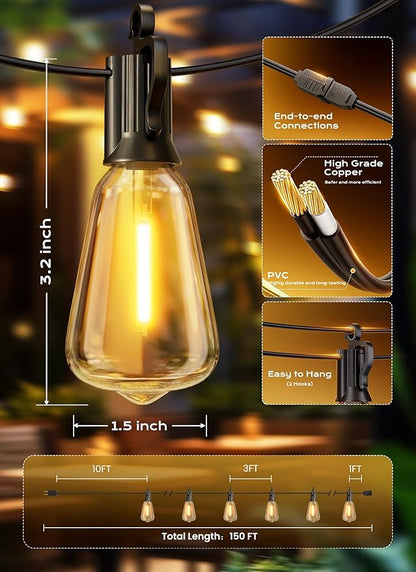 Brightown Outdoor String Lights, 150FT 47+2 LED ST38 LED Patio Lights Shatterproof, Dimmable IP65 Waterproof Connectable Hanging Outdoor Light for Backyard, Porch, Deck, Balcony