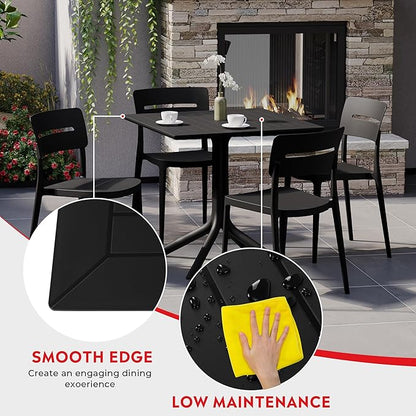 Costaelm 5 Piece Patio Furniture Set, HDPE Patio Square Bistro Table and Stackable Chairs Sets for 4, Outdoor Furniture All Weather for Backyard Poolside, Black