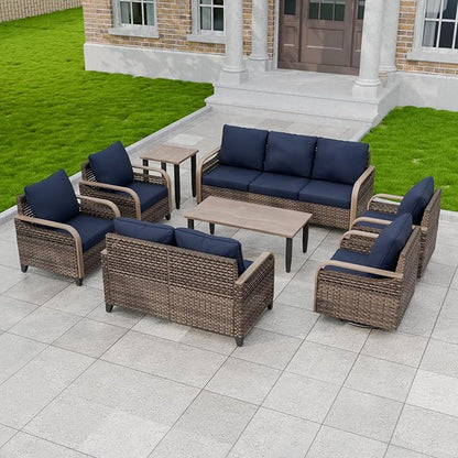 Modern Wicker Patio Furniture Set, Rattan Outdoor Conversation Set， 2 Patio Chairs, 2 Swivel Rocking Chairs, 3 Seat Couch, Loveseat, Coffee Table and Side Table, 8 Pieces, Brown/Blue