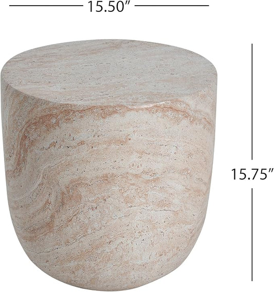Christopher Knight Home Jaym 15.75" H Indoor Outdoor Accent Side Table, Patio Decorative End Table, Barrel-Shaped Lightweight Concrete Garden Stool for Patio Balcony & Garden Decor, Travertine