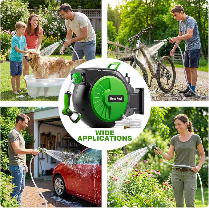 Retractable Garden Hose Reel 82FT x 1/2 in, Wall Mount Water Hose Reel for Outside with Auto Rewind, Tangle-Free Guide, 180° Swivel Bracket, Lock at Any Length, High-Pressure Flow, 10-Pattern Nozzle