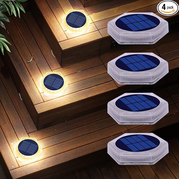 DetarZinLED Solar Step Lights for Outside Waterproof, 4 Pack Warm White Outdoor Stair Light Solar Powered, Stick on Lights for Deck, Dock, Driveway, Walkway, Pathway, Porch, Yard, Ground