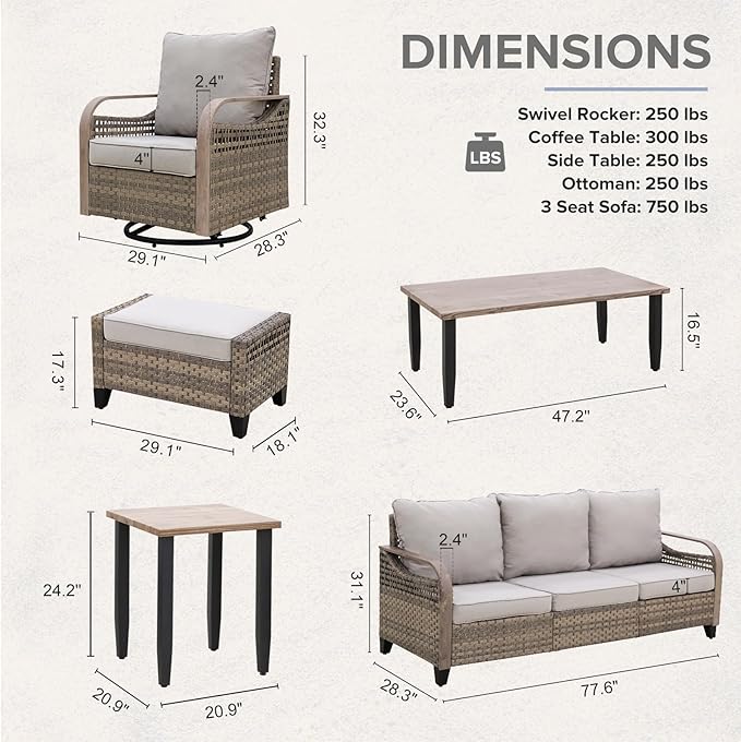 COOS BAY Modern Wicker Outdoor Furniture Set, Patio Conversation Set with 4 Swivel Rockers, 3 Seat Couch, Ottomans, Coffee Table and Side Table, 9 Piece, Brown/Gray