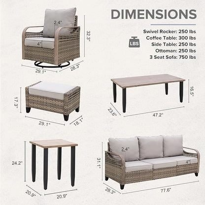 COOS BAY Modern Wicker Outdoor Furniture Set, Patio Conversation Set with 4 Swivel Rockers, 3 Seat Couch, Ottomans, Coffee Table and Side Table, 9 Piece, Brown/Gray
