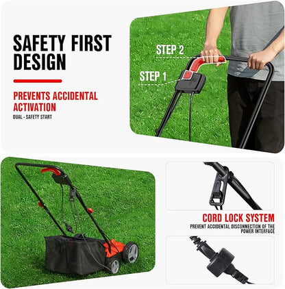 EWORK Electric Dethatcher and Scarifier 14-Inch 12 Amp 2-in-1 Lawn Dethatcher and Aerator with Collection Bag, Blade Replacement Without Tool, 5-Position Depth Adjustment for Gardening Care