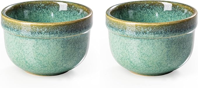 Henten Home 6 oz Ramekins Set Oven Safe, Ceramic Creme Brulee Ramekins Set of 2, Baking Cups for Pudding, Souffle, Ice Cream, Snack, Dipping (Green)