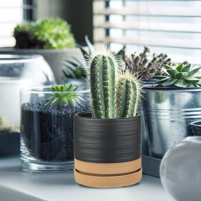 HERDUK 6 Inch Plant Pots, Ceramic Planter Pot with Drainage Hole & Saucer, Indoor/Outdoor Cylinder Round Planter Pot, Matte Black & Brown