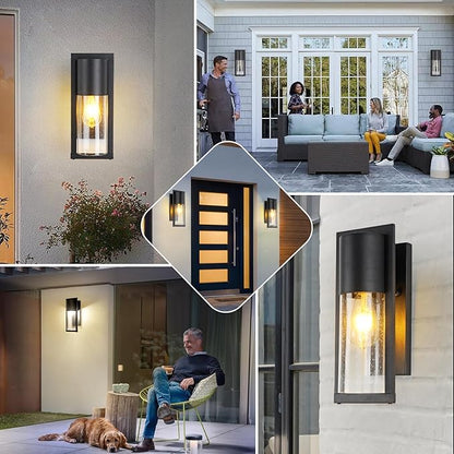 2 Pack Dusk to Dawn Outdoor Wall Lights Modern Farmhouse Outdoor Wall Lanterns Black Porch Light with Seed Glass Modern Waterproof Exterior Light Fixtures Wall Mount Sconce for House Garage Front Door