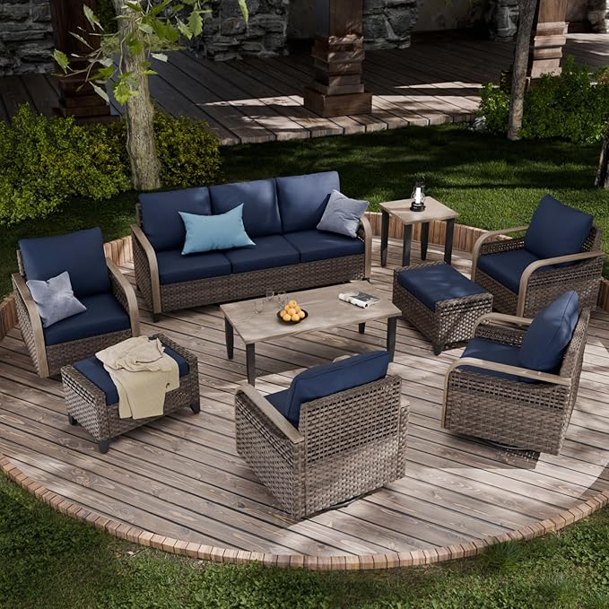 COOS BAY Modern Wicker Outdoor Furniture Set, Patio Conversation Set with 4 Swivel Rockers, 3 Seat Couch, Ottomans, Coffee Table and Side Table, 9 Piece, Brown/Blue