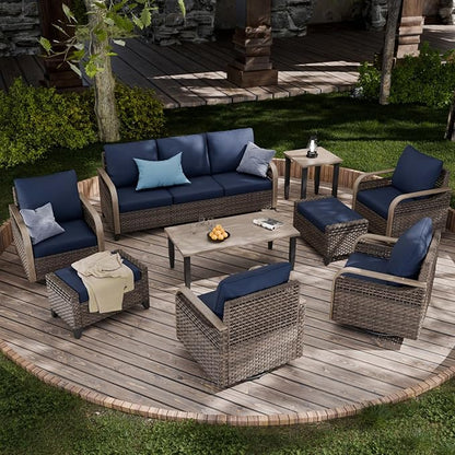 COOS BAY Modern Wicker Outdoor Furniture Set, Patio Conversation Set with 4 Swivel Rockers, 3 Seat Couch, Ottomans, Coffee Table and Side Table, 9 Piece, Brown/Blue