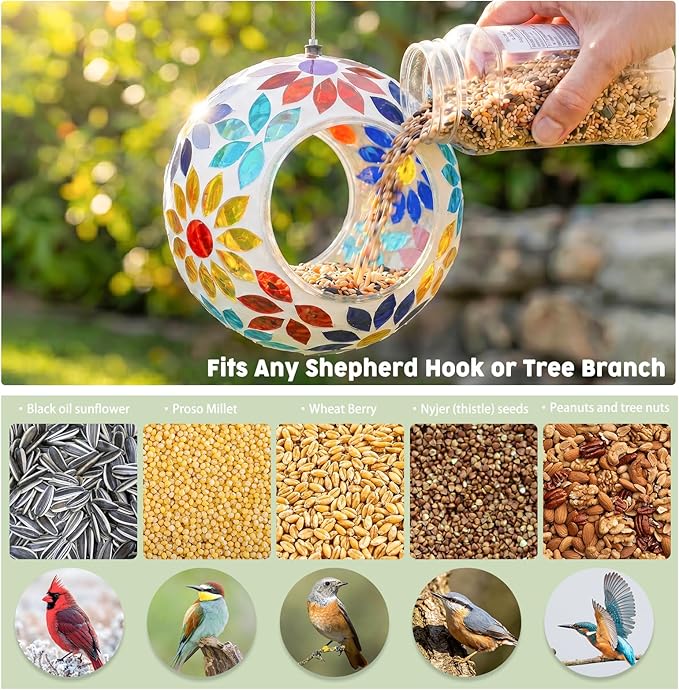 VCUTEKA Bird Feeder Mosaic Fly Through Bird Feeders for Outside Hanging with Round Shape Glass Container to Attract More Wild Birds for Garden, Yard, Backyard, Deck and Porch Decor, 7-Inch