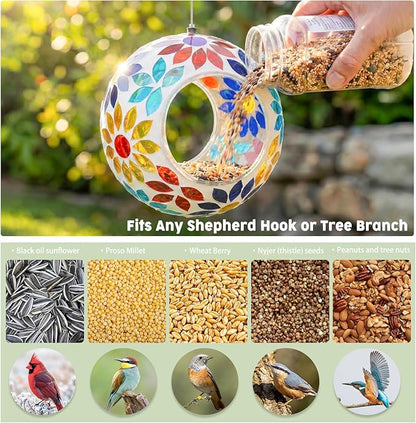 VCUTEKA Bird Feeder Mosaic Fly Through Bird Feeders for Outside Hanging with Round Shape Glass Container to Attract More Wild Birds for Garden, Yard, Backyard, Deck and Porch Decor, 7-Inch