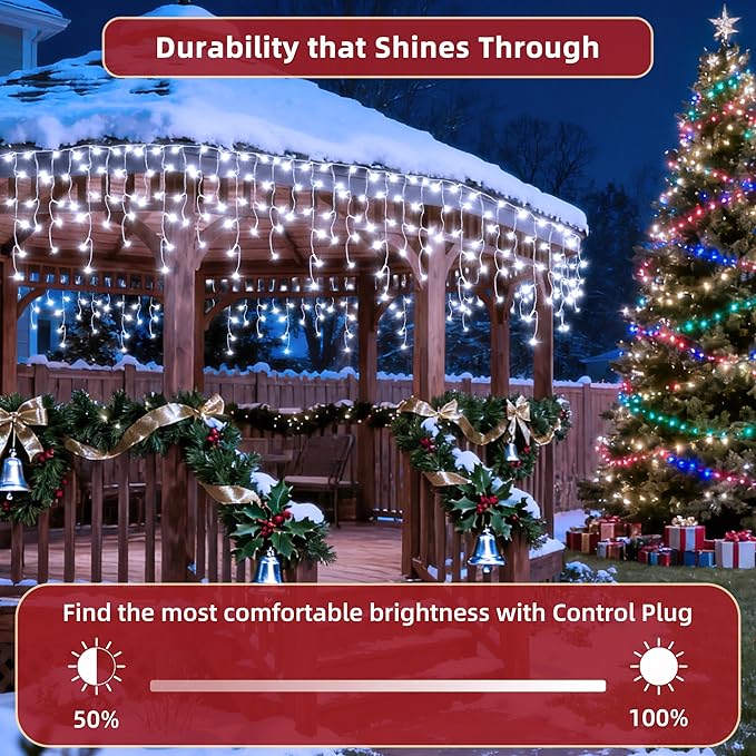 504 LED Christmas Lights Outdoor 50FT with 112 Drops, Christmas Decorations Hanging Lights 12 Modes, Dimmable Outsite Fairy String Lights for Wedding Party Holiday Winter Wonderland Decor Cool White