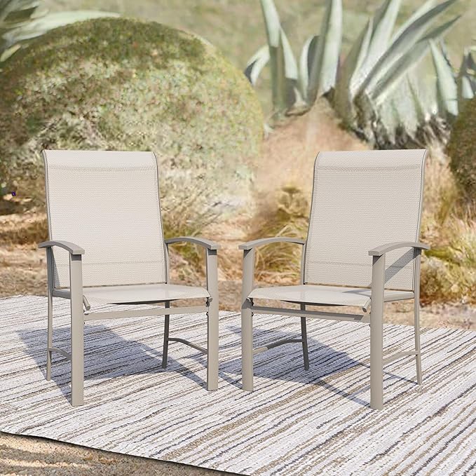 Patio Dining Chairs Set of 2, Outdoor Dining Chairs with High Back, Metal Outdoor Chair Set with Comfort and Durability, Patio Chair for Deck Lawn Kitchen Garden Backyard, Ivory