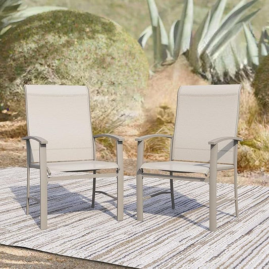 Patio Dining Chairs Set of 2, Outdoor Dining Chairs with High Back, Metal Outdoor Chair Set with Comfort and Durability, Patio Chair for Deck Lawn Kitchen Garden Backyard, Ivory