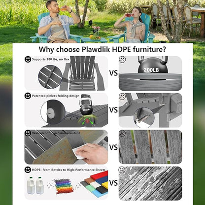 Plawdlik Folding Adirondack Chair, SGS Tested, Wooden Textured with Cup Holder, Heavy All-Weather HDPE Comfortable Set Poolside Backyard Lawn Grey Set 4