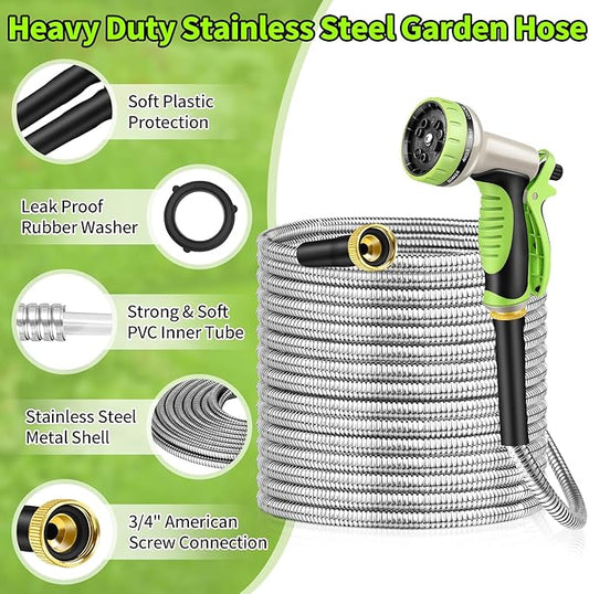GOXAWEE Garden Hose 50FT, Stainless Steel Heavy Duty Water Hose With 10 Function Nozzle, No-Kink, Tough & Flexible, Sturdy and Lightweight, Rust Proof for Yard, Outdoor, RV