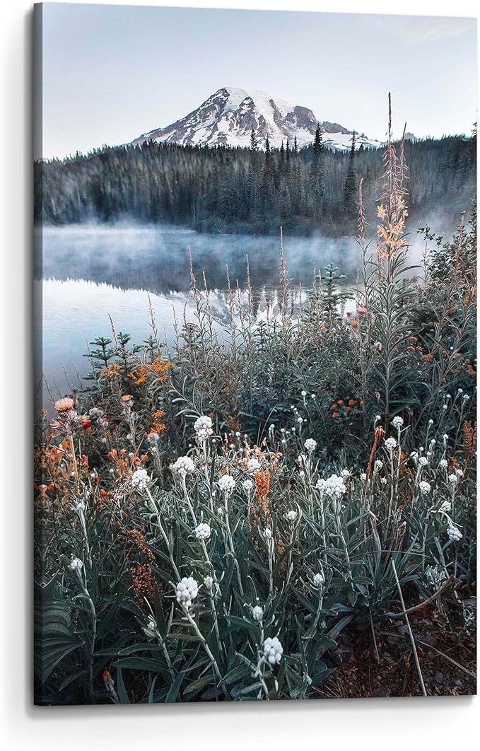 arttitue Nature Wall Art Canvas Decor: Lake Scene Picture Misty Landscape Print Mountain Forest Scenery Painting Natural Wildflower Artwork for Bathroom Living Room Bedroom Decoration