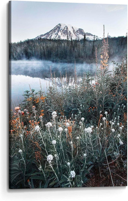arttitue Nature Wall Art Canvas Decor: Lake Scene Picture Misty Landscape Print Mountain Forest Scenery Painting Natural Wildflower Artwork for Bathroom Living Room Bedroom Decoration