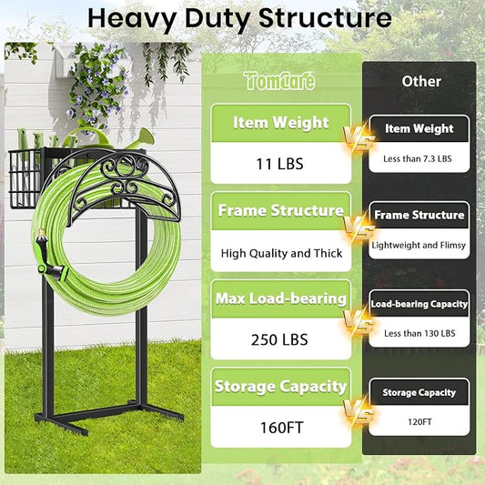 TomCare Garden Hose Holder Upgraded Water Hose Holder Heavy Duty 4 Spikes Hose Hanger Holds 160 Feet Hoses Stable Freestanding Hose Storage Organizer for Outside Yard