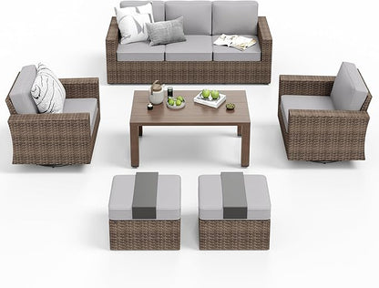 Patio Furniture Set, 6 Pieces Outdoor Furniture Sets, Wicker Conversation Set with Swivel Rocker Chairs, Ottomans and Coffe Table, High Back Conversation Set Garden, Grey