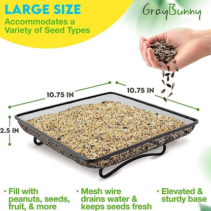 Ground Bird Feeder Tray for Outdoors (Metal) - Weather Resistant Platform Mesh Seed Tray for Wild Birds Squirrels Dove Cardinal Blue Jay Crows (11x11 in)