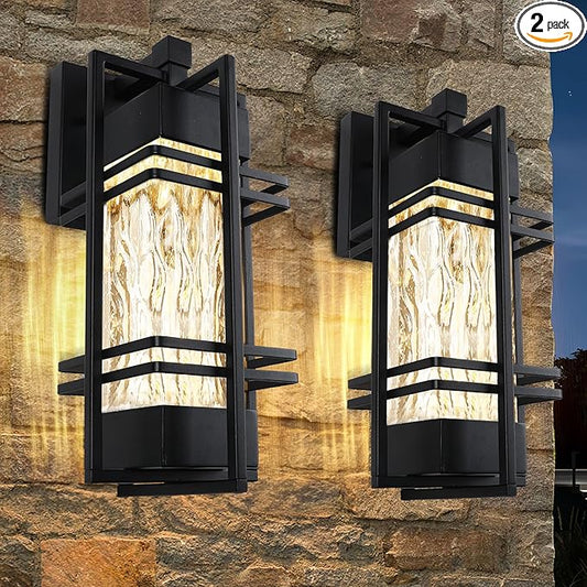 Outdoor Front Porch Light Fixtures Wall Mount, Water Ripple Outdoor Wall Lantern,2 Pack Black Exterior Lighting Fixtures, Waterproof Sconce Lights, Outside Lantern Lamp for Garage(Bulb Included)