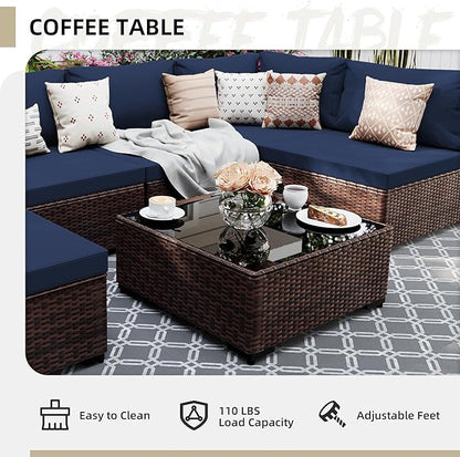 UPHA 10 Pieces Patio Furniture Sets Outdoor Sectional Sofa Wicker Conversation Couch with Bistro Swivel Chair for Decks, Backyards, Gardens, Brown Rattan, Navybule Cushion