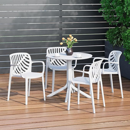 Costaelm 4 Person Dining Table Set, HDPE Patio Round Dining Table and Stackable Chair, Kitchen & Dining Room Sets All Weather for Backyard Porch Poolside, White