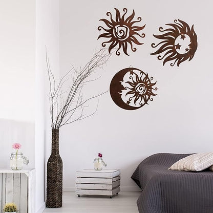 VividLadybug Sun Moon Wall Hanging, Wall Sculpture, Metal Wall Art Indoor/Outdoor Decor Rust Colored Rust Proof Wall Sculpture - Ideal for Bedrooms, Gardens, Homes, Patios and Farmhouses, Set of 3