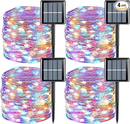 YEGUO 4 Pack Multicolor Solar Fairy Lights, Each 33ft 100 LED Christmas Lights Outdoor Waterproof, 8 Modes Sliver Wire Solar String Lights