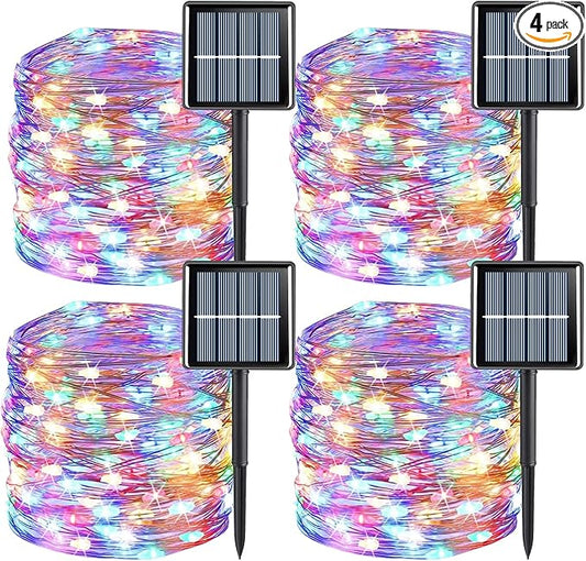 YEGUO 4 Pack Multicolor Solar Fairy Lights, Each 33ft 100 LED Christmas Lights Outdoor Waterproof, 8 Modes Sliver Wire Solar String Lights