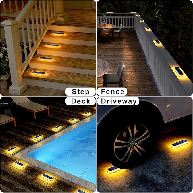 DetarZinLED Solar Step Lights Outdoor Waterproof LED, 4 Pack Warm White Flat Solar Powered Deck Lights for Outside, Stick on Light Bar for Stair, Dock, Patio, Garden, Path, Walkway, Driveway, Porch