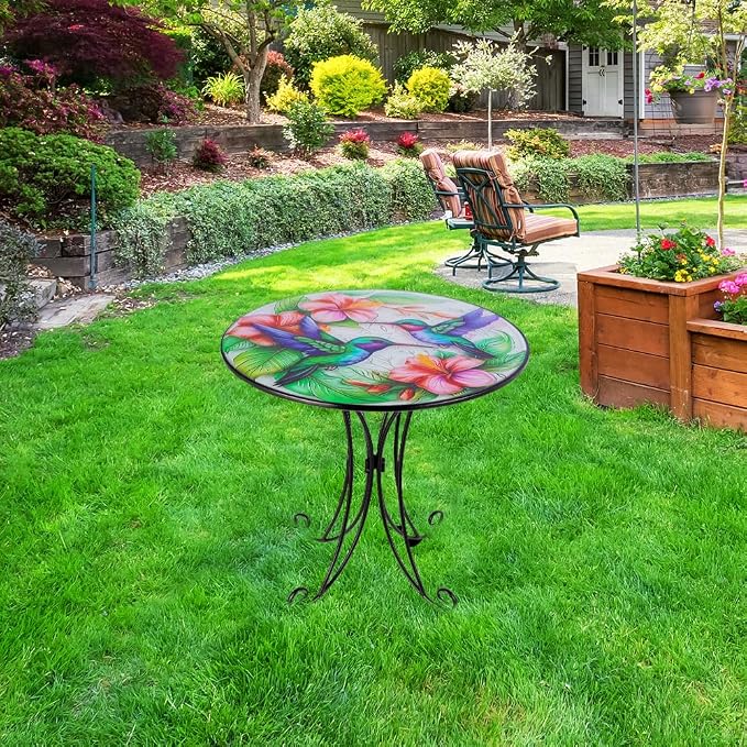 18 Inch Outdoor Side Table, Hummingbird Metal Accent Table, Indoor Small Round End Table, Plant Stand Tables for Outside Yard Balcony Garden Bedside