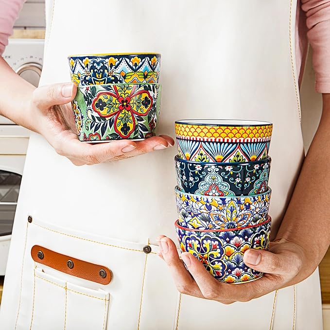 4 oz Ceramic Ramekins Set of 6, Dessert Cups & Dipping Bowls | Colorful Bohemian Pattern, Oven Safe, Ideal for Crème Brûlée, Dips, Sauces & Individual Desserts