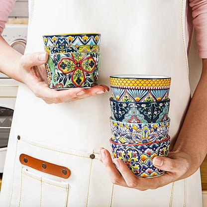 4 oz Ceramic Ramekins Set of 6, Dessert Cups & Dipping Bowls | Colorful Bohemian Pattern, Oven Safe, Ideal for Crème Brûlée, Dips, Sauces & Individual Desserts