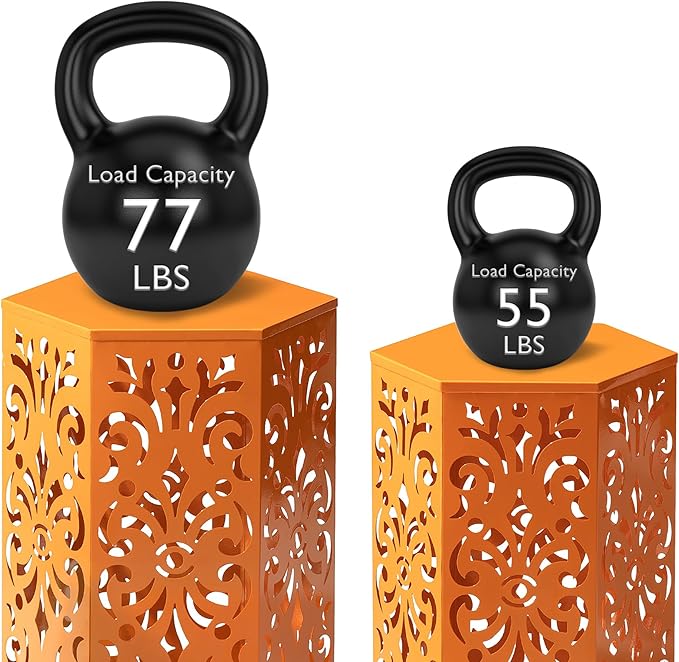 Glitzhome Outdoor Side Tables Set of 2 Decorative Garden Stools,Heavy Duty Metal Cutout Floral Pattern Hexagonal Modern End Table Plant Stand Accent Table, Orange