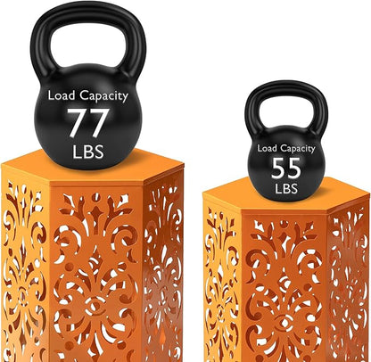Glitzhome Outdoor Side Tables Set of 2 Decorative Garden Stools,Heavy Duty Metal Cutout Floral Pattern Hexagonal Modern End Table Plant Stand Accent Table, Orange