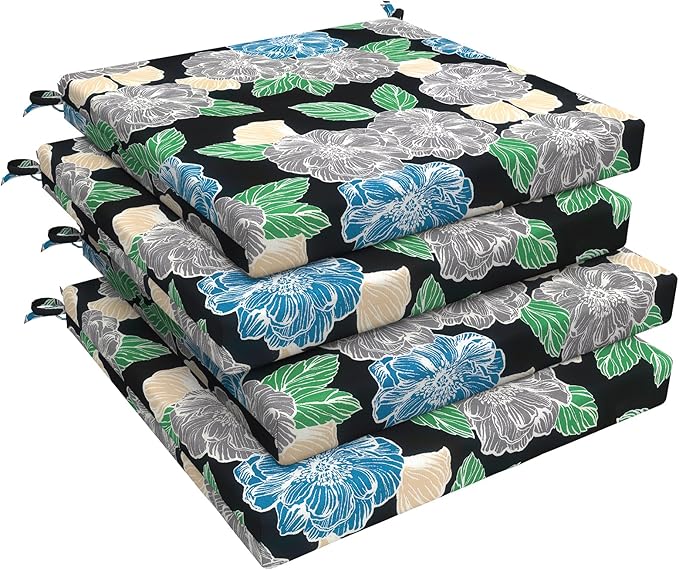 LVTXIII Outdoor Seat Cushions Seasonal Replacement Chair Cushions, Patio Chair Pads with Ties for Dining Chairs and Garden Furniture, Square Back, 19"x19"x2", 4 Pack, Peony Garden