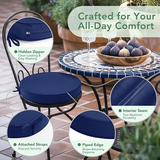 Summsun Outdoor Bistro Chair Cushions Set of 2, 15" D x 3" H Round Chair Cushions Waterproof and Fade Resistant Chair Cushion Pads with Non-Slip Ties and Removable Covers for Garden, Navy Blue