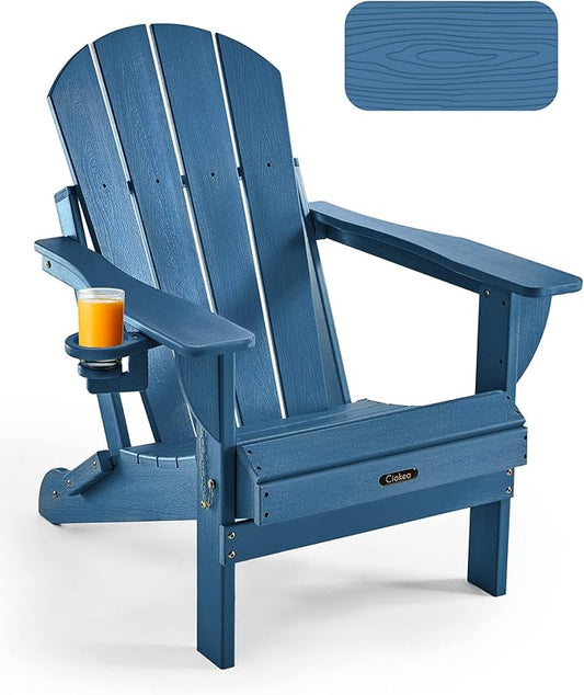 Ciokea Folding Adirondack Chair Wood Texture, Patio Adirondack Chair Weather Resistant, Plastic Fire Pit Chair with Cup Holder, Lawn Chair for Outdoor Porch Garden Backyard Deck (Royal Blue)