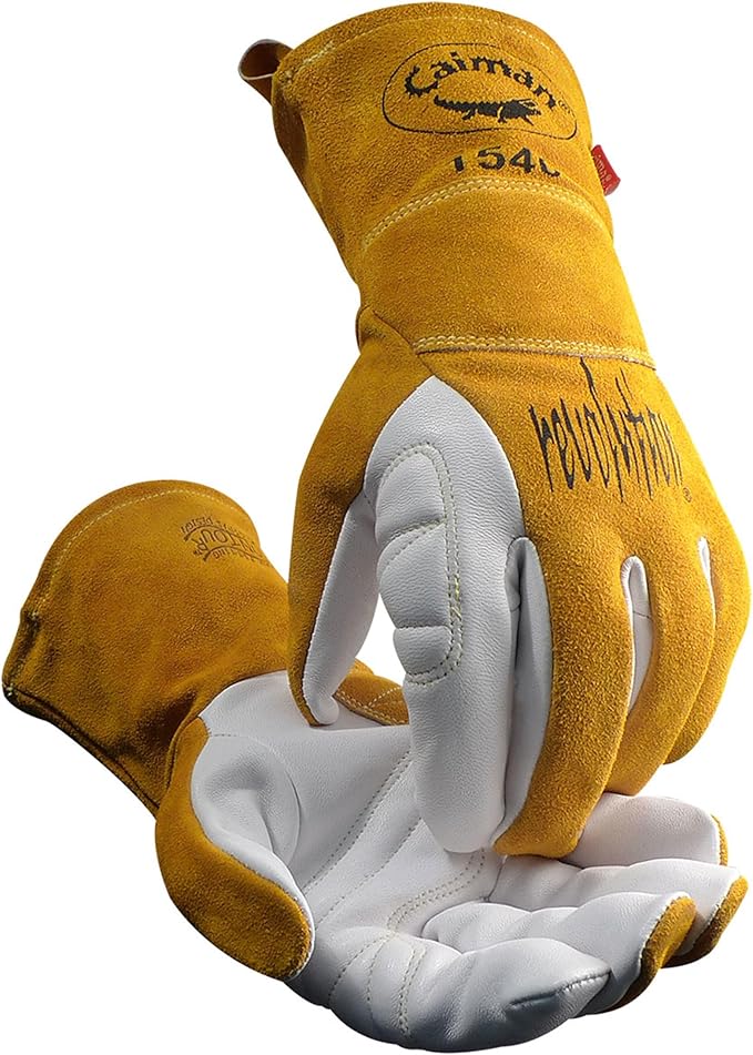 Caiman Premium Goat Grain TIG/Multi-Task Welding Gloves, Split Cowhide Back, 4-Inch Extended Cuff, White/Gold, Large (1540-5)